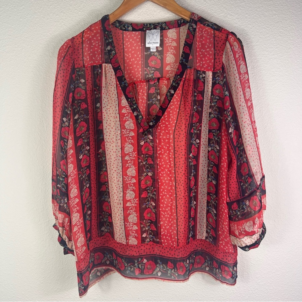 Ella Moss Women’s Med Blouse Sheer Multi Floral Print Red/black Career Business